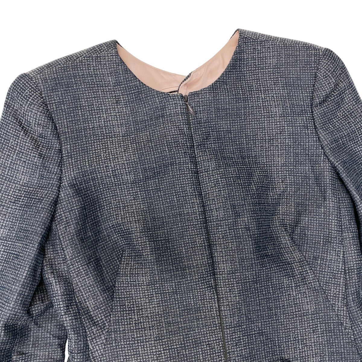 68h18 GIORGIO ARMANI ジョルジオアルマーニ フルジップ ノーカラージャケット ウールシルク混 サイズ40 グレー レディースu02t