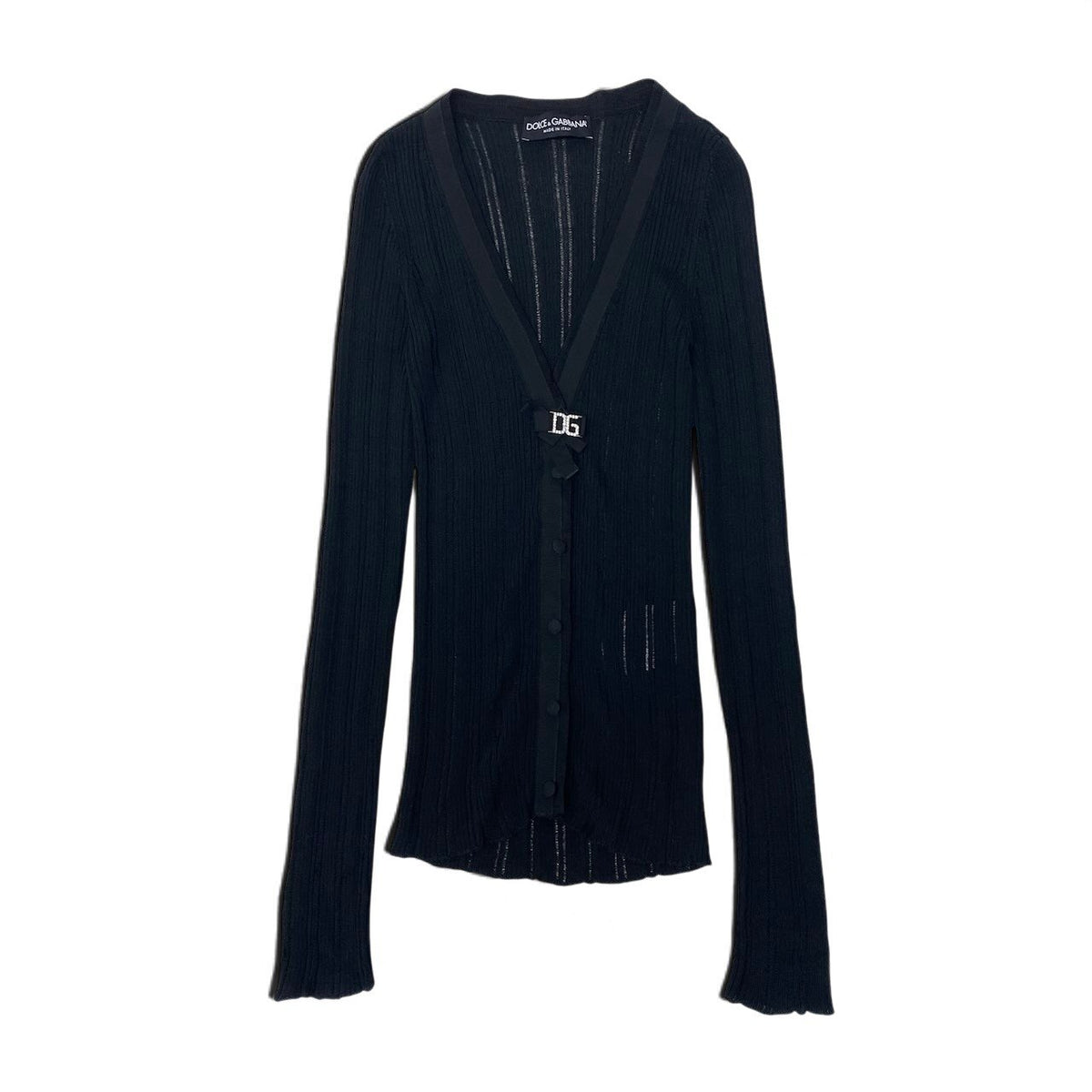 53i26 DOLCE&GABBANA ドルチェアンドガッパーナ ロングスリーブニットカーディガン DGロゴ ラインストーン 38サイズ ブラック レディース 女性用u02t