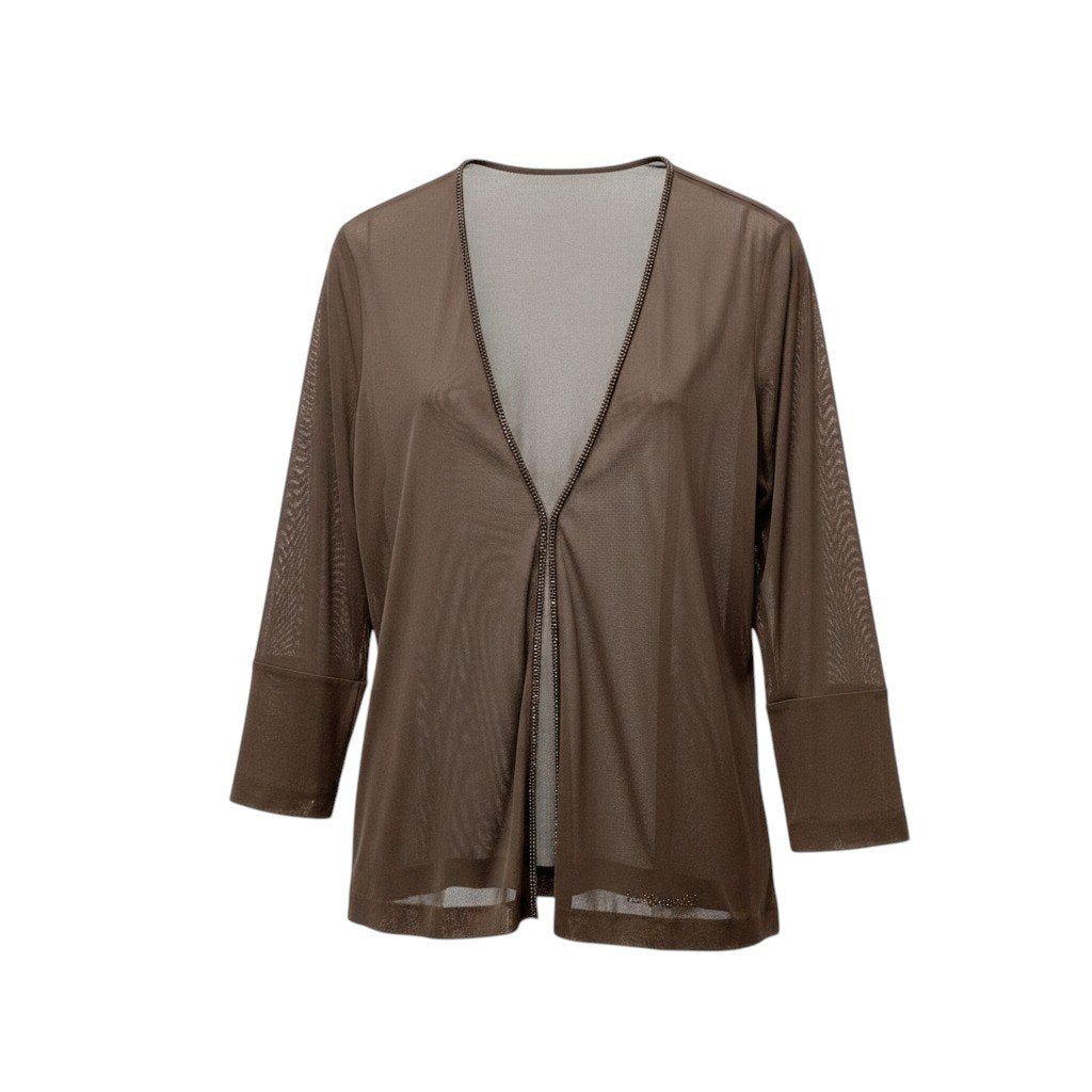 11f16 LEONARD FASHION レオナール シアーカーディガン カンカン素材 ビーズ装飾 サイズLL ブラウン レディース 女性用u02t