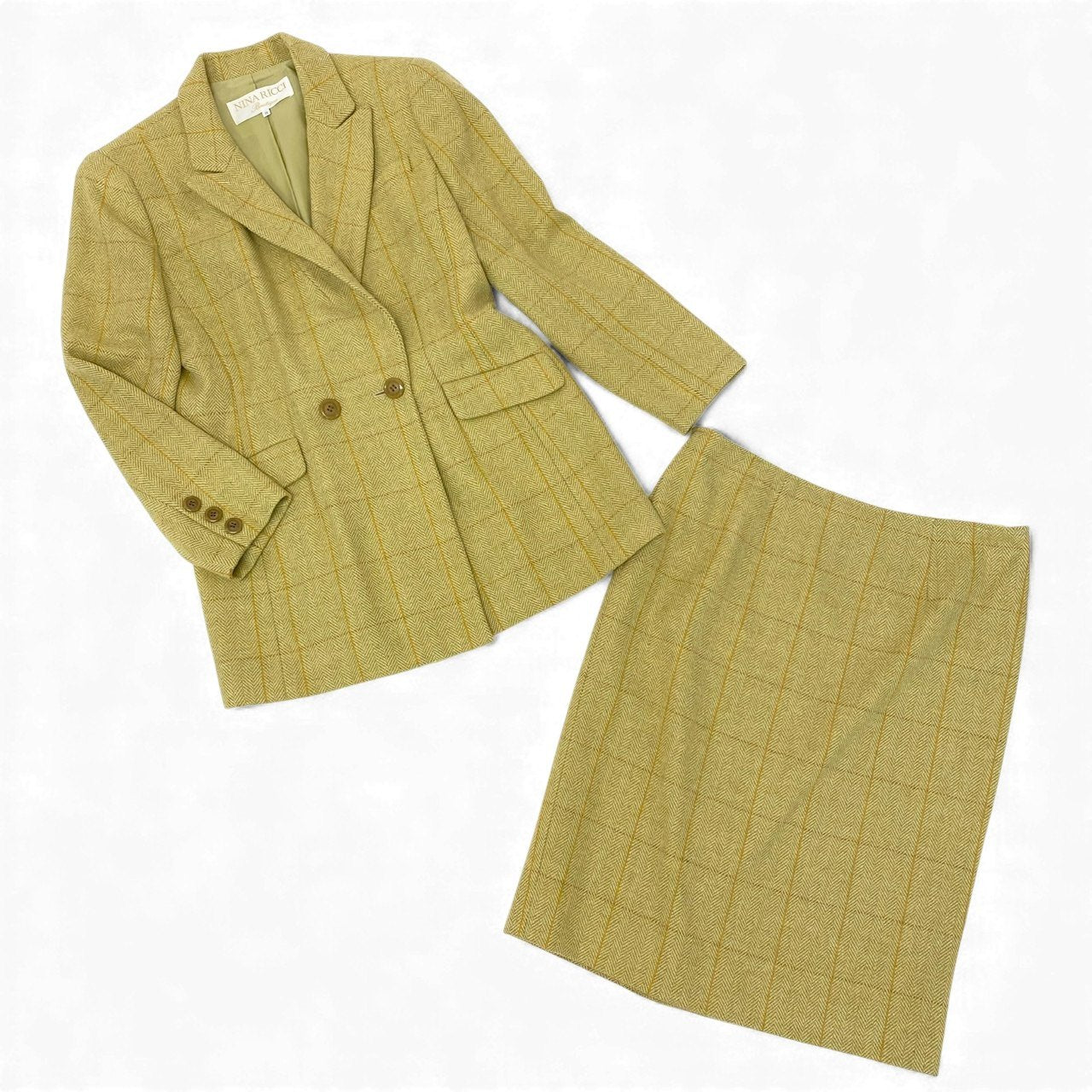 30K18《美品》 NINA RICCI BOUTIQUE ニナリッチ セットアップスカート フォーマル イギリス製生地○ ダブルブレストジャケット 膝丈スカート チェック柄  11 グリーン ラムウールu02t