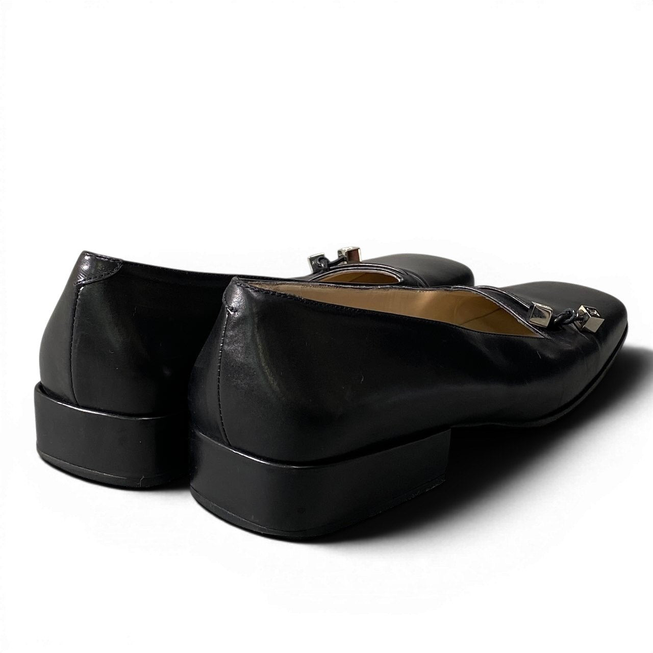 e4 LOUIS VUITTON ルイヴィトン スクエアトゥ ヒールパンプス ローヒール ロゴキューブ レザー 36 1/2 ブラック レディース 女性靴o07t