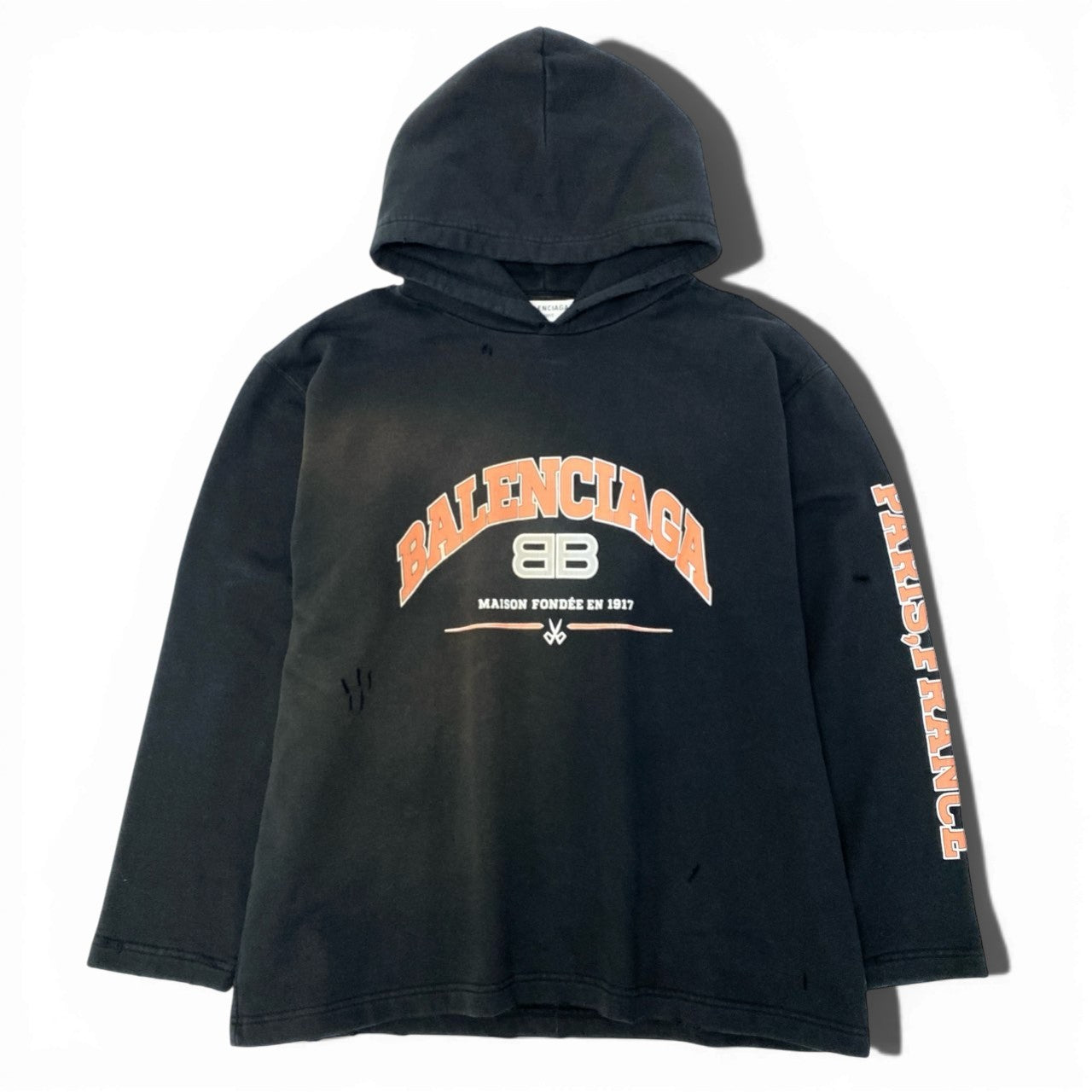 75c4 BALENCIAGA バレンシアガ プルオーバーフーディー パーカー BBロゴ スウェット ダメージ加工 Sサイズ ブラック コットン100％ ユニセックス メンズ レディースo07t