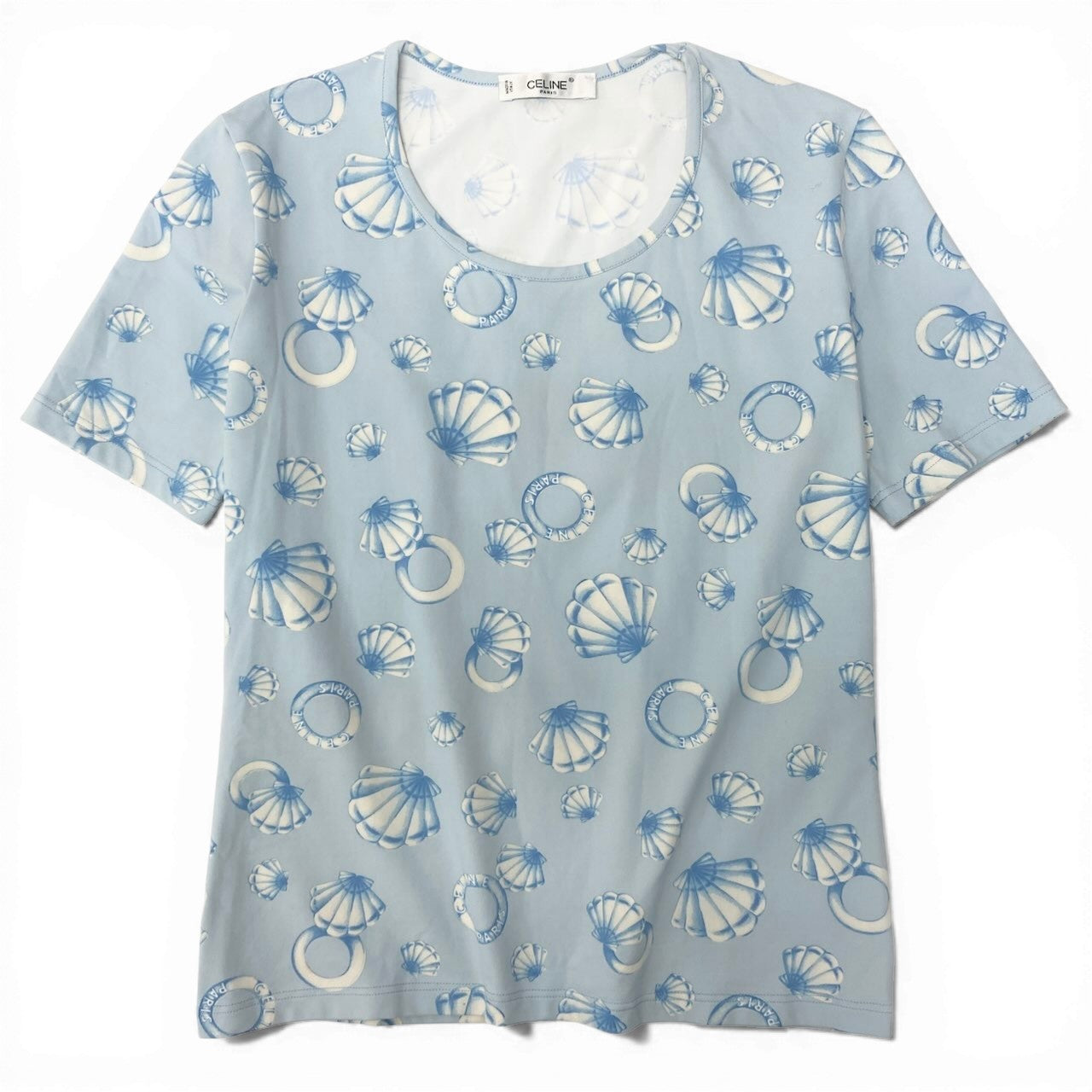 Ic30  CELINE セリーヌ マリン柄 半袖Tシャツ クルーネック カットソー 総柄 伸縮ストレッチ レディース 女性服 ライトブルーu02t