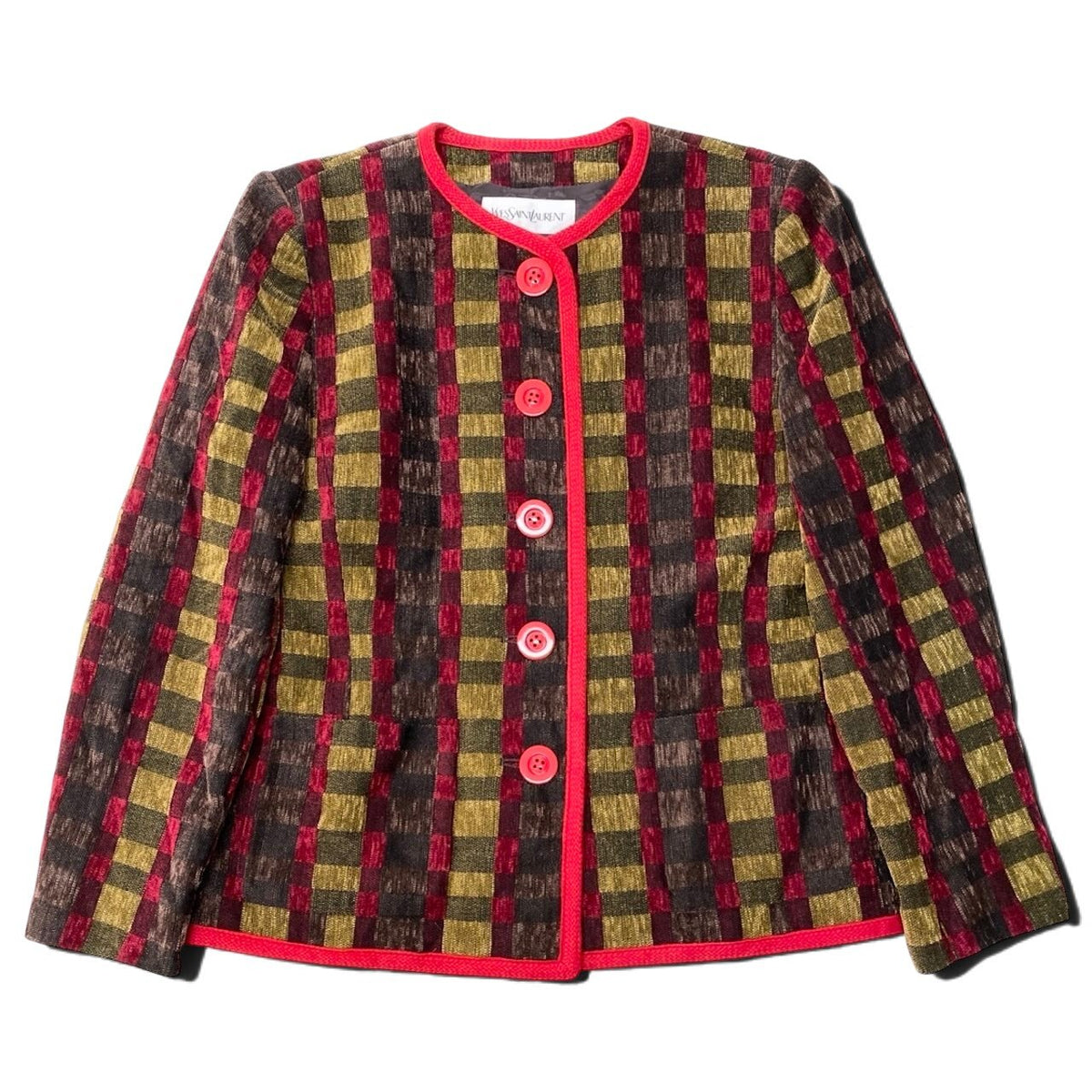 32i28 YVESAINTLAUREN イヴサンローラン ノーカラージャケット ベロア チェック柄 36サイズ マルチカラー レディース 女性用u02t