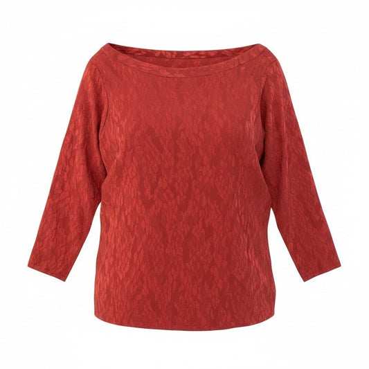 11d27 SAINT LAURENT rive gauche サンローラン リヴゴーシュ ボートネック ブラウス 七分袖 総柄カットソー トップス サイズ36 レッド レディース 女性用u02t