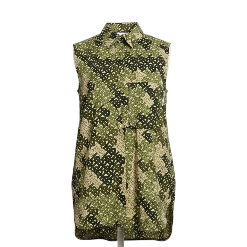 12i14 《美品》 BURBERRY LONDON ENGLAND バーバリー ロンドン 総柄シャツ ノースリーブシャツ TBロゴ ブラウス コットンシャツ IT40 グリーン 綿100％ レディース 女性用u02t