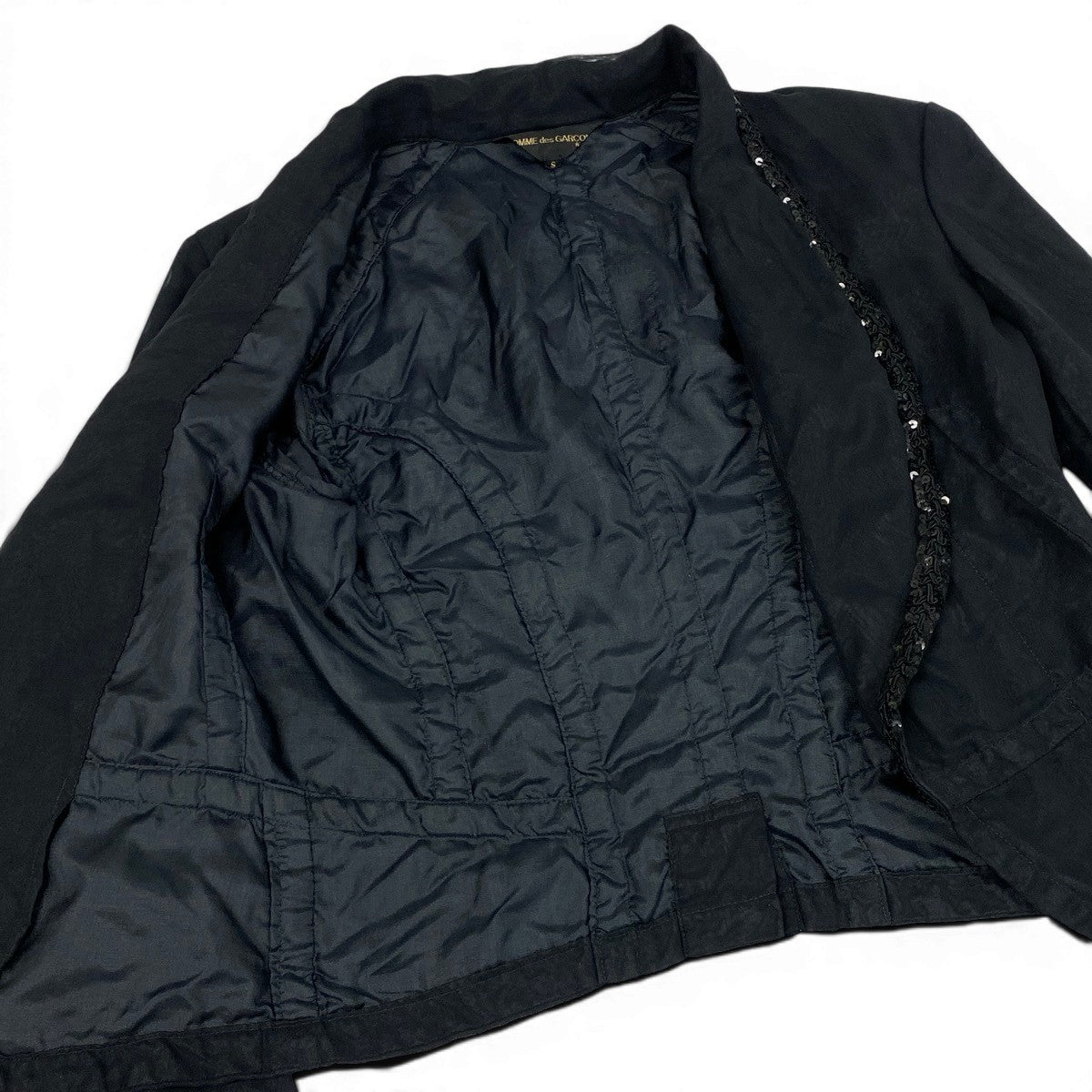 Ag23 COMME des GARCONS AD2005 クロップドジャケット スパンコール メッシュ Sサイズ ブラック ポリエステル100％ レディース 女性用ta2