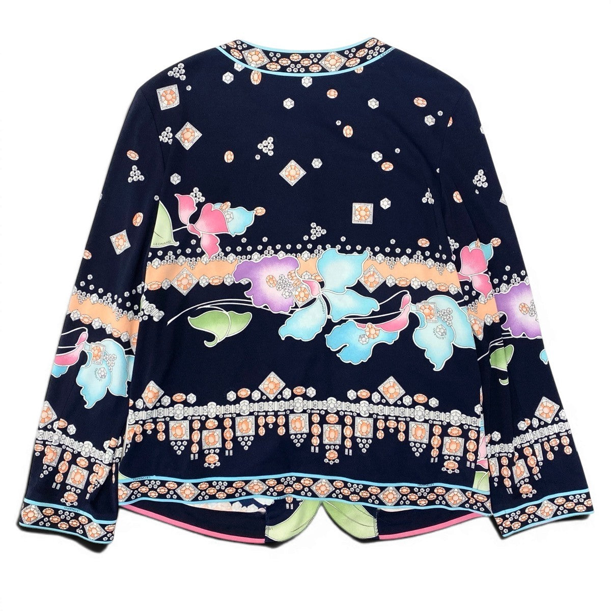 61e19 【美品】 LEONARD FASHION レオナール ロングスリーブカーディガン カンカン素材 総柄プリント ロゴボタン 0159418 サイズL ネイビー レディース 女性用u02t
