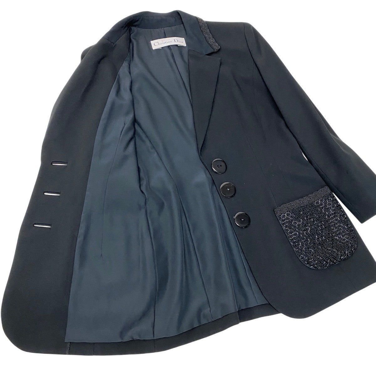 Eh10 Christian Dior クリスチャンディオール テーラードジャケット ビーズ装飾 ブラック レディースo07t