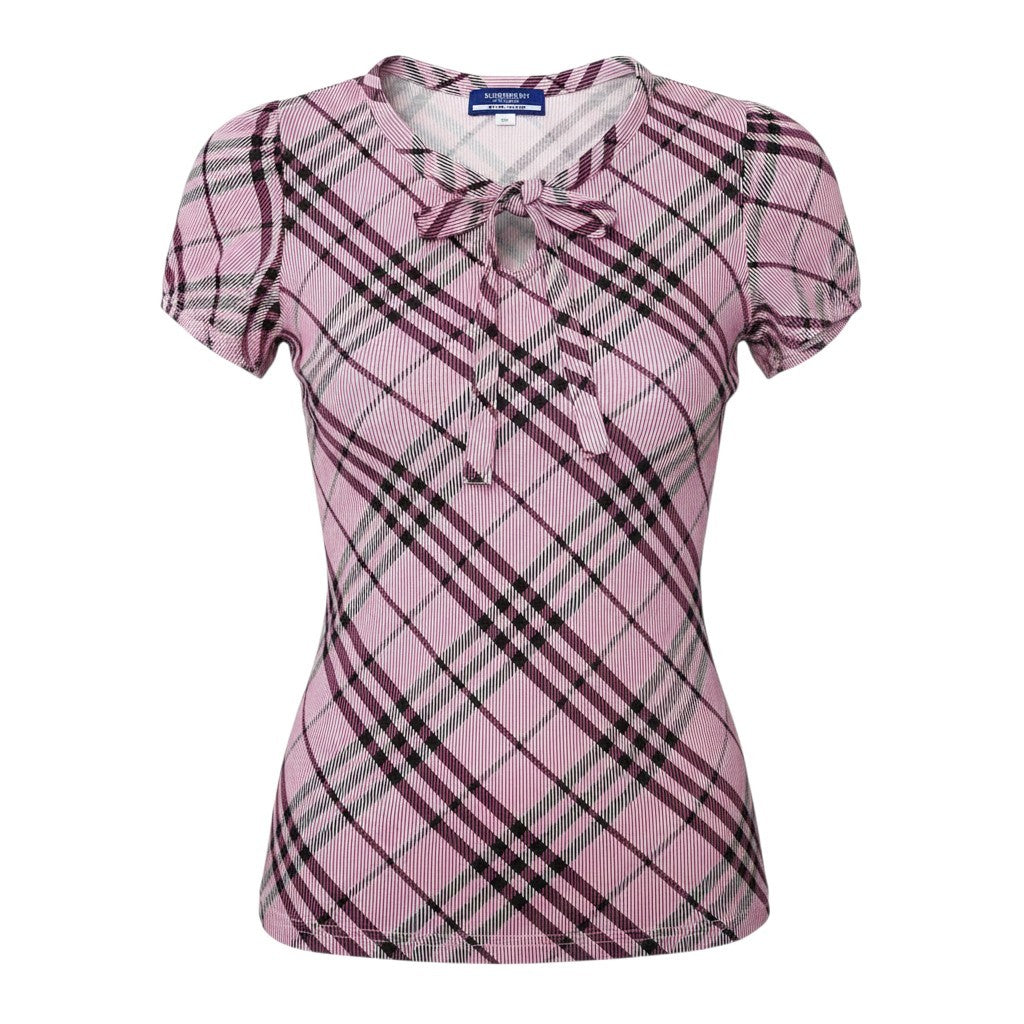 Ig6 BURBERRY LONDON BLUE LABEL バーバリーロンドン ブルーレーベル 半袖Tシャツ チェック柄 ストレッチ ロゴ刺繡 サイズ38 ピンク  レディースo07t