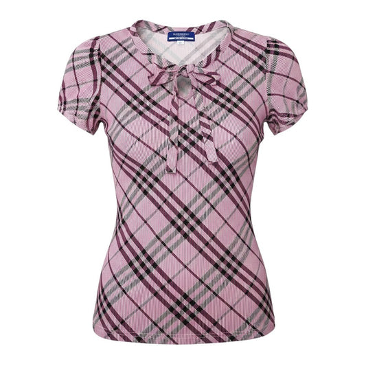 Ig6 BURBERRY LONDON BLUE LABEL バーバリーロンドン ブルーレーベル 半袖Tシャツ チェック柄 ストレッチ ロゴ刺繡 サイズ38 ピンク  レディースo07t