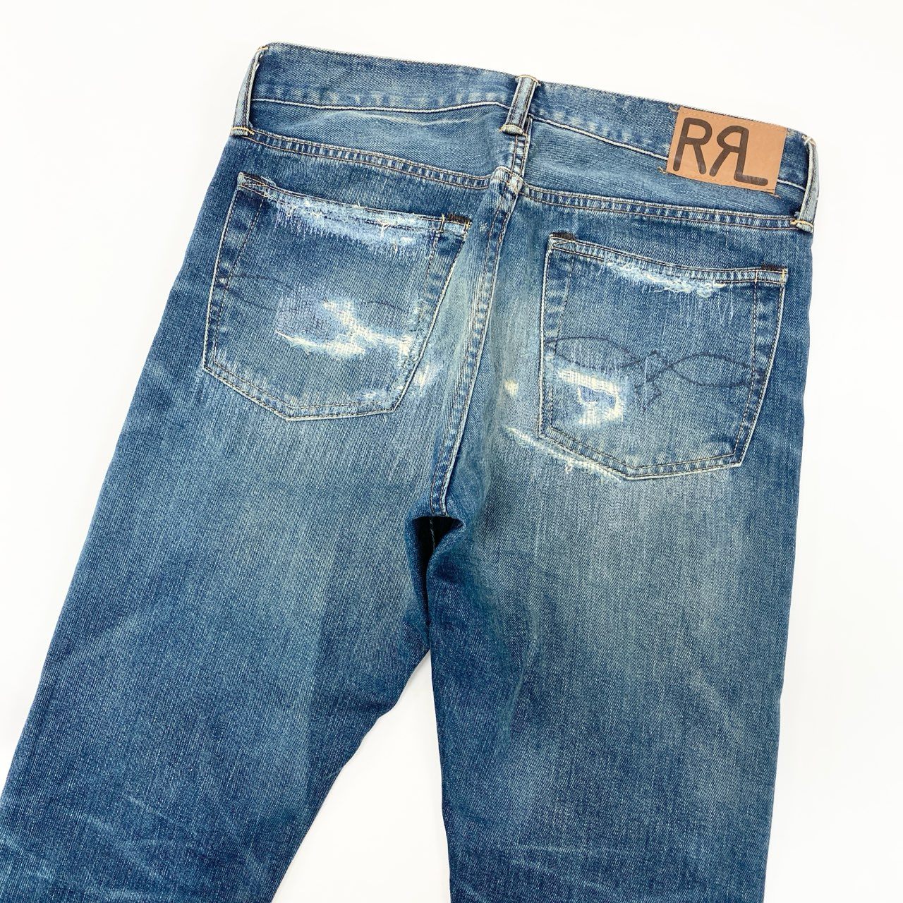 71i26 《美品》RRL ダブルアールエル デニムパンツ ダメージリペア加工 ジップフライ ロゴ刺繍 RN41381 29×30 インディゴ メンズk02i