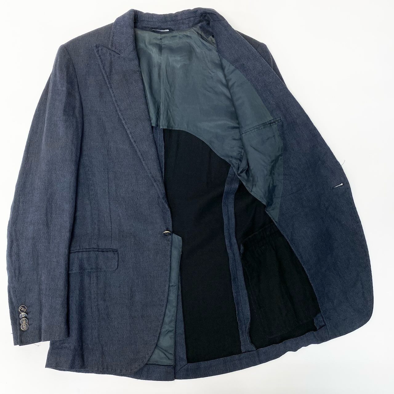 60d13 DOLCE&GABBANA ドルチェアンドガッバーナ テーラードジャケット ブレザー ロゴワッペン ロゴボタン イタリア製 44 ネイビー コットン リネン メンズo07t
