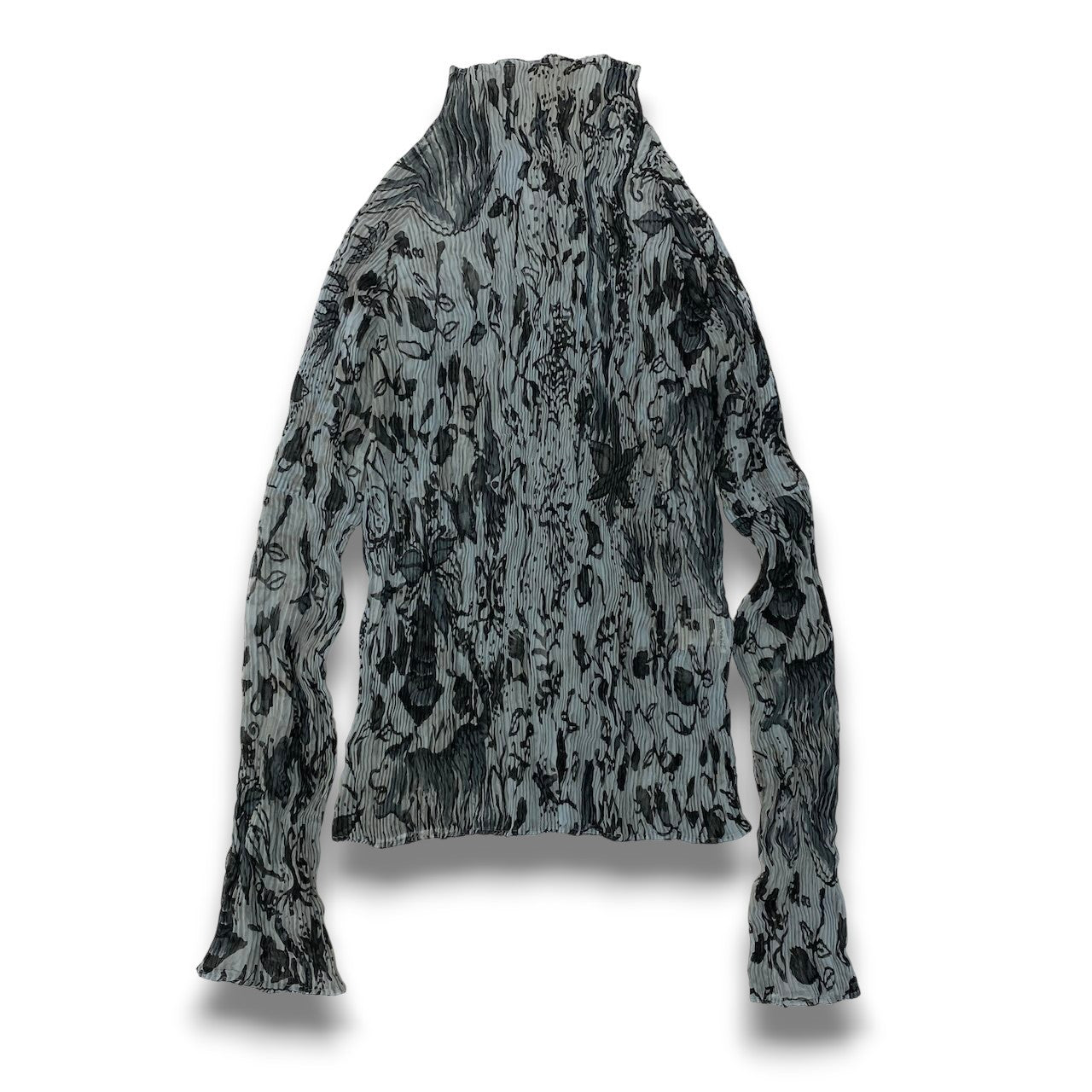 42c24 ISSEY MIYAKE イッセイミヤケ ハイネックプリーツカットソー ロングスリーブカットソー 猫 蝶 花柄  IM02FJ953 Mサイズ グレー系 ポリエステル100％ レディース 女性用o07t