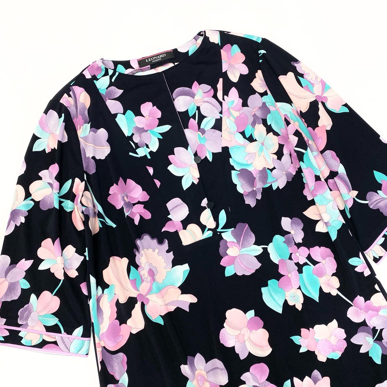 9a27 LEONARD レオナール カンカン素材 美しい花柄プリント チュニックワンピース 42 マルチカラー レディースu02t