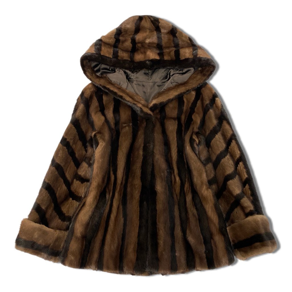 43l25 希少デザイン フード付き ミンクコート サイズF 茶系 ダブルカラー 本毛皮 MINK FUR ウエストゴム ポケット有t18r