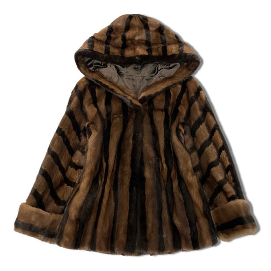 43l25 希少デザイン フード付き ミンクコート サイズF 茶系 ダブルカラー 本毛皮 MINK FUR ウエストゴム ポケット有t18r