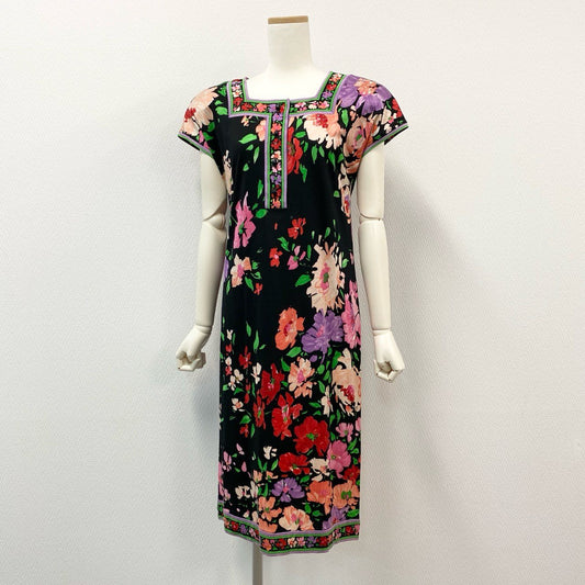78i11 LEONARD レオナール 半袖ワンピース 花柄ワンピース 膝丈ワンピース スクエアネック M マルチカラー コットン 美しい花柄プリント レディースu02t