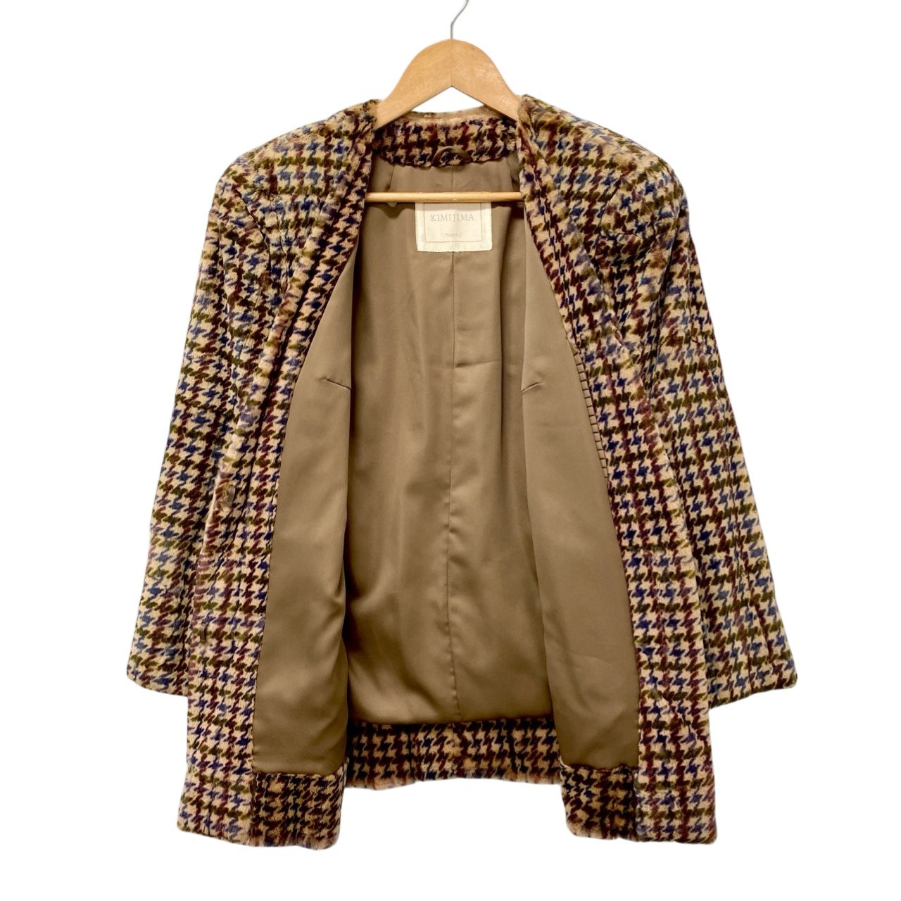 87c6 KIMIJIMA キミジマ シェアードファー 千鳥チェック コート サイズF 本毛皮 Shared Fur Coatt18r