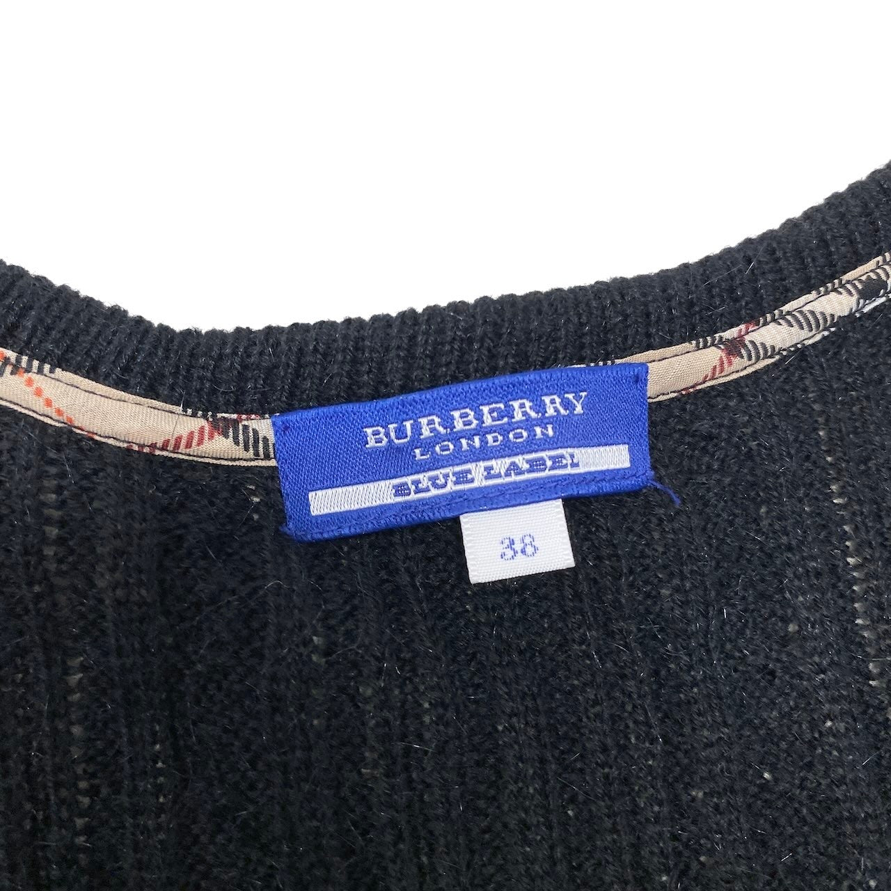 72g4 BURBERRY LONDON BLUE LABEL バーバリーロンドン ブルーレーベル ローゲージ ニットカーディガン ボレロ ロゴプレート サイズ38 ブラック レディースo07t