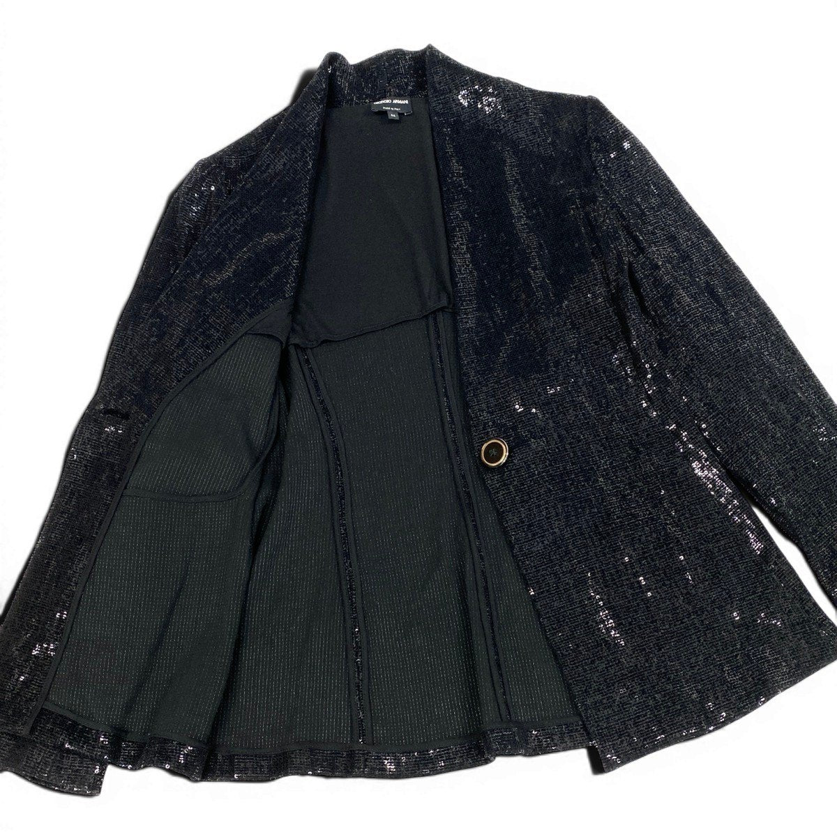 Eg10 【美品】 GIORGIO ARMANI ジョルジオアルマーニ スパンコール ノーカラージャケット サイズ44 ブラック レディースk02i