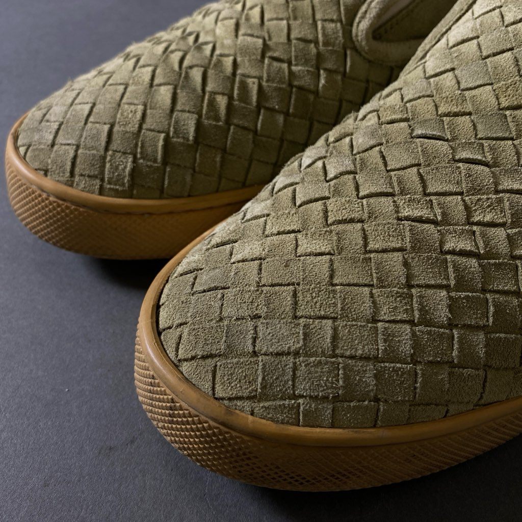 1h2 BOTTEGA VENETA ボッテガ ヴェネタ イントレチャート スリッポン スニーカー 42 カーキ レザー シューズ イタリア製 メンズ 男性用