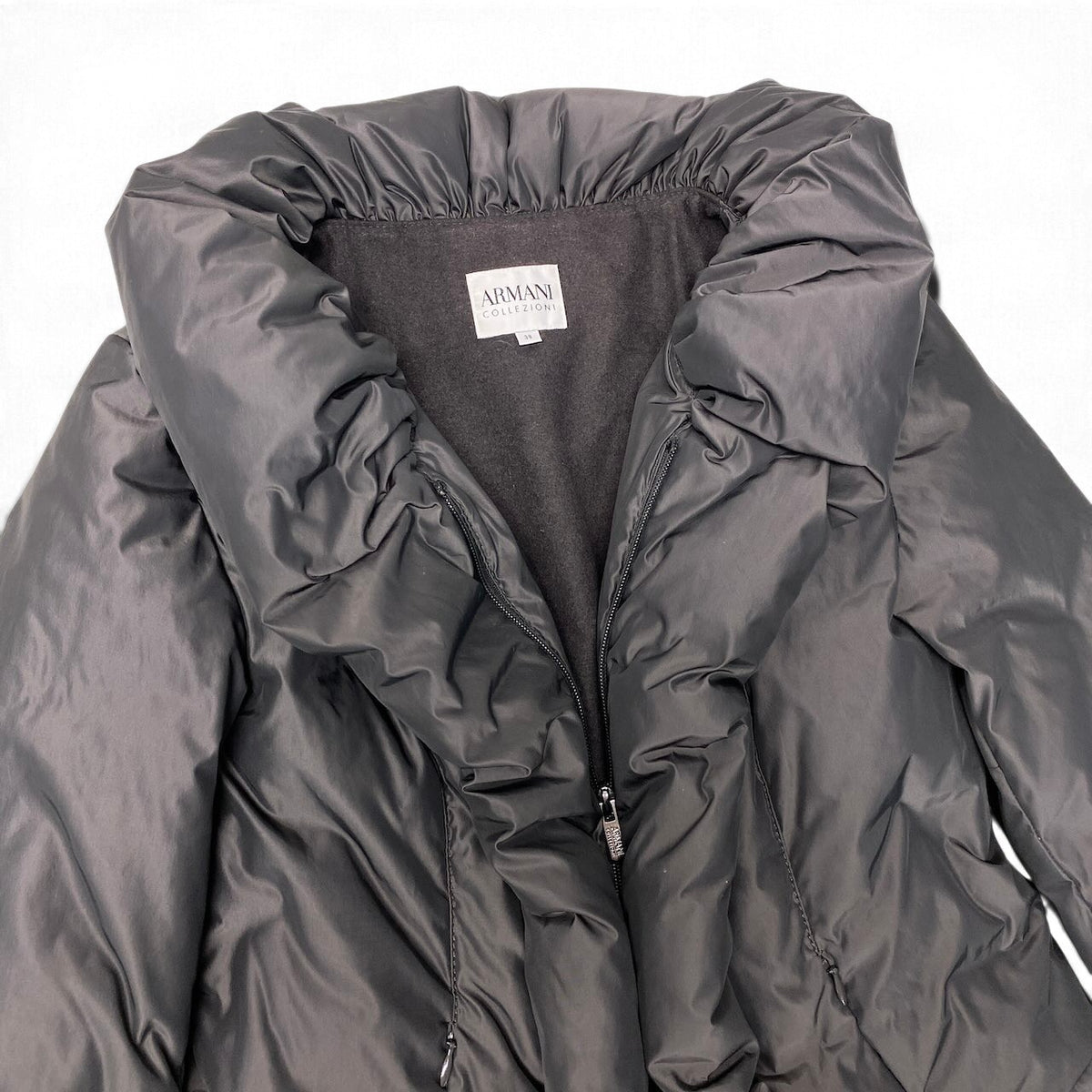 28j15 ARMANI COLLEZIONI アルマーニコレツィオーネ ショールカラー ダウンジャケット ハーフコート 38 ダークブラウン レディースo07t