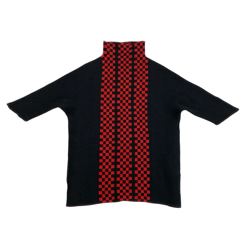 Al27【美品】ISSEY MIYAKE PLEATS イッセイミヤケ プリーツ 半袖カットソー ハイネックカットソー ブロックチェック  PP68FK715 3サイズ ブラック レッド ポリエステル100％ レディースk02i