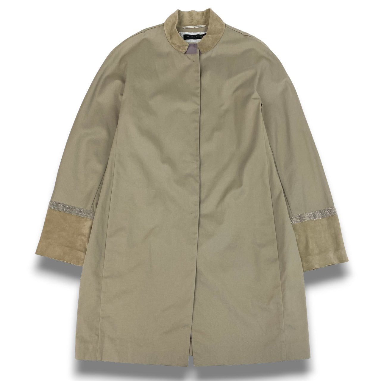 50b22 FABIANA FILIPPI ファビアナフィリッピ ステンカラーコート スプリングコート 薄手 ビーズ装飾 スエードレザー切替 レディース 女性服 XS ベージュu02t