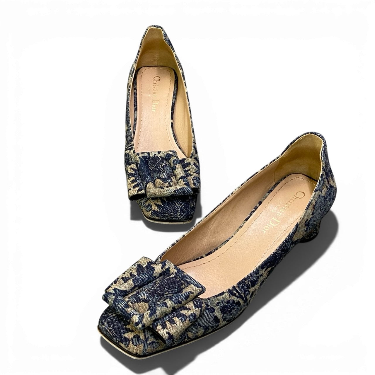 b17 《極美品》 Christian Dior クリスチャンディオール IDYLLE Flower Printed Denim Bellet パンプス シューズ 37.5 ブルー レディースta2