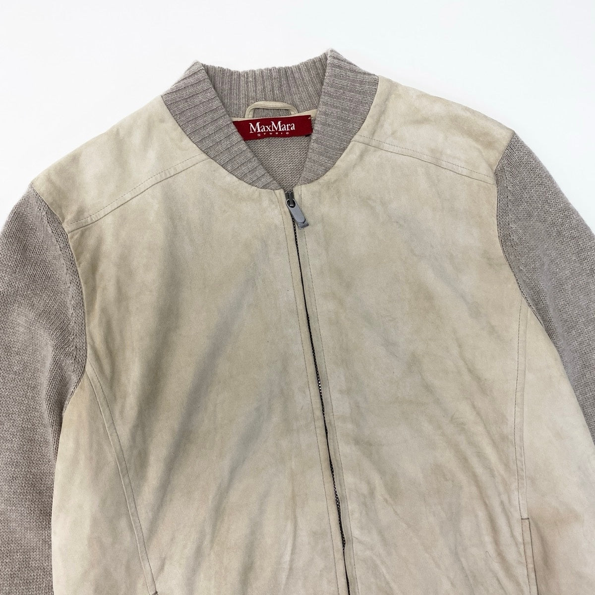 26g18 MaxMara STUDIO マックスマーラ ステュディオ スエード ニット切替ジャケット ウールカシミヤ混 レザー サイズM ベージュ レディースu02t
