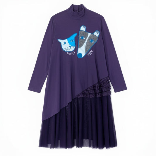 80c9 TOKUKO 1er VOL トクコプルミエヴォル モックネック 長袖ワンピース ストレッチ アニマル刺繍 異素材切替 レース レディース 女性服 サイズ9 パープルu02t