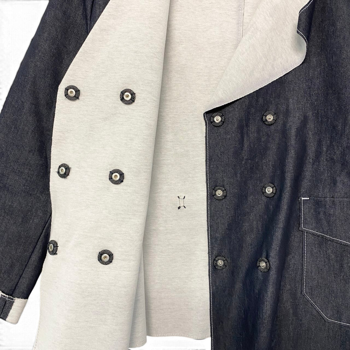 57j22 EMPORIO ARMANI エンポリオアルマーニ ダブルブレスト ジャケット デニム 切替 38 インディゴ ライトグレー コットン レディースo07t