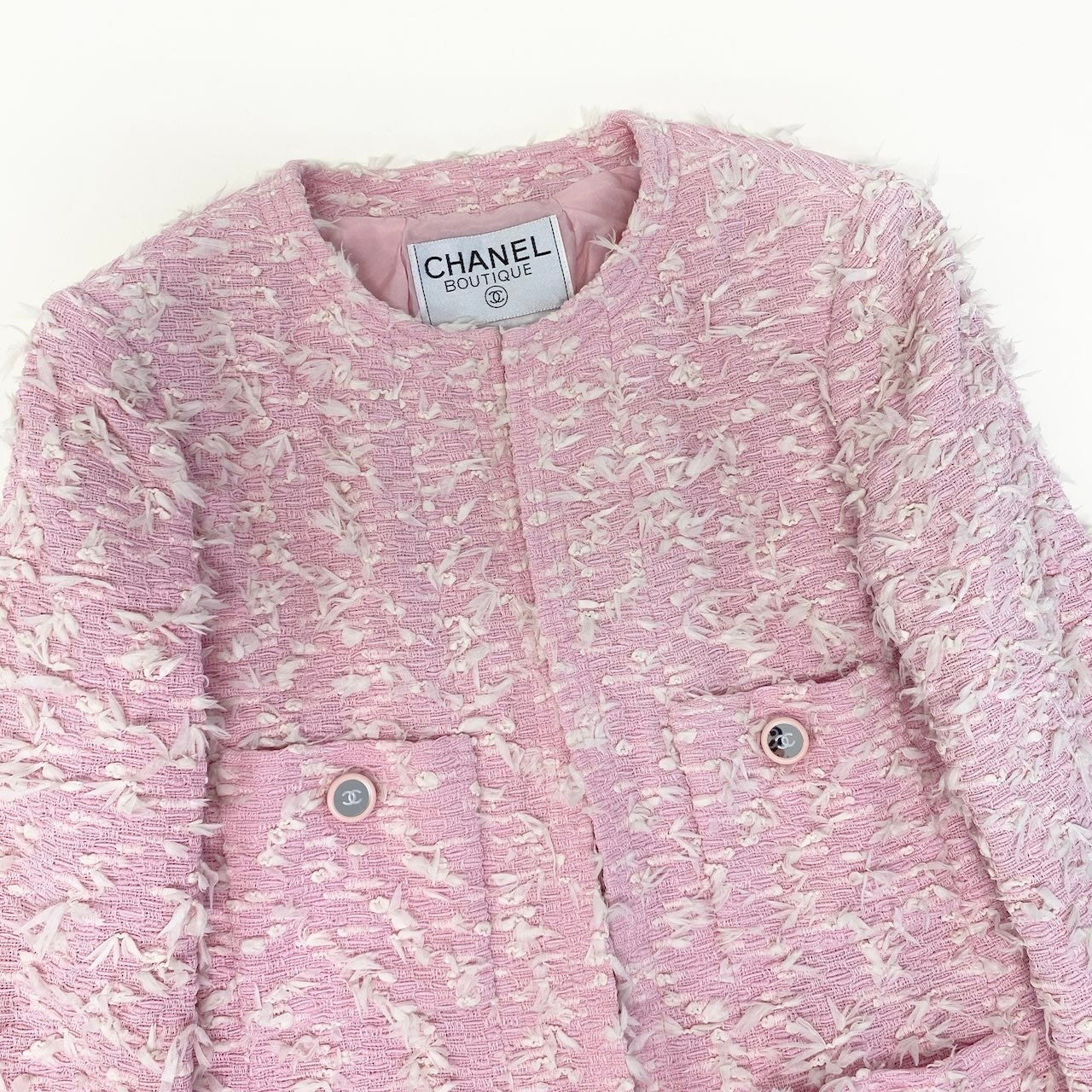 Ce27 CHANEL BOUTIQUE シャネル 1995年 ファンシーツイード ジャケット 4つポケット ココマーク ミラーボタン ピンク レディース 女性服tta1