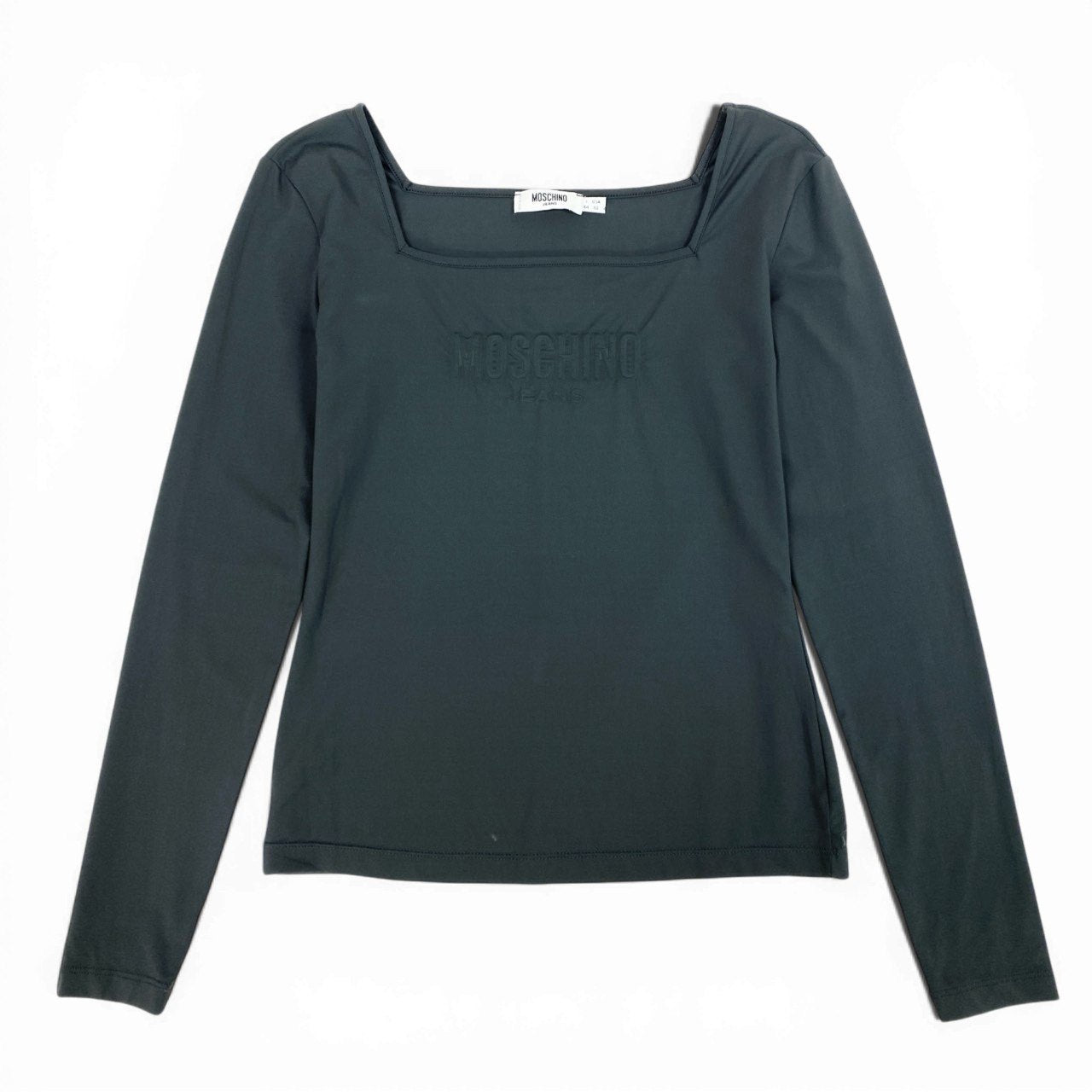 Eb10 【美品】MOSCHINO モスキーノ ストレッチロングスリーブTシャツ スクエアネック エンボスロゴ 44サイズ グレー レディース 女性用u02t