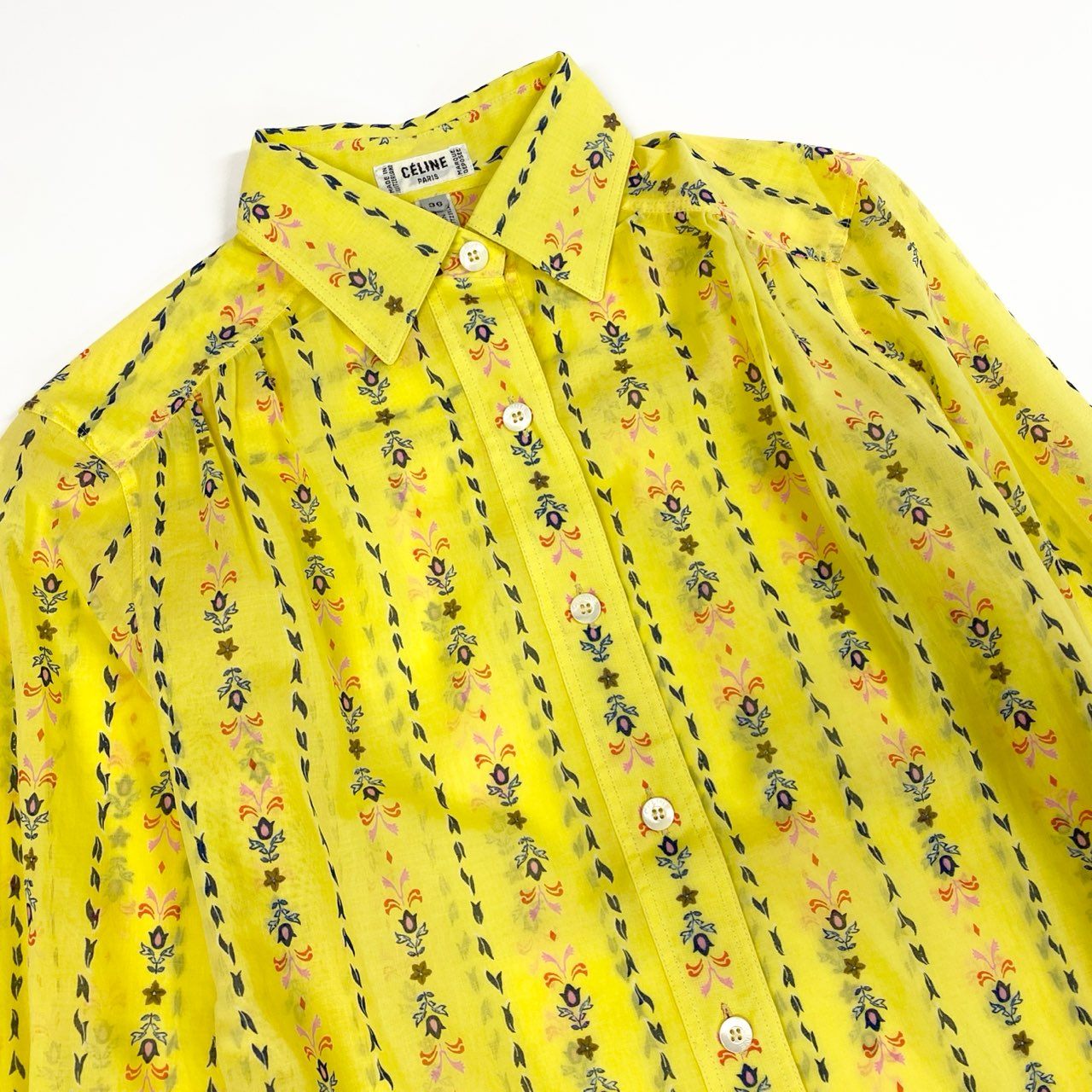 52b10 【極美品】CELINE セリーヌ デッドストック 80’s 長袖フローラルプリントシャツ Button-Down Shirt in Bright Yellow 36サイズ イエロー コットン100％ レディース 女性用ta1