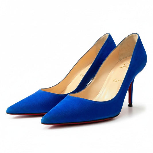g31 Christian Louboutin ポインテッドトゥ スウェードパンプス シューズ 37サイズ ブルー スウェード レディース 女性用k02i