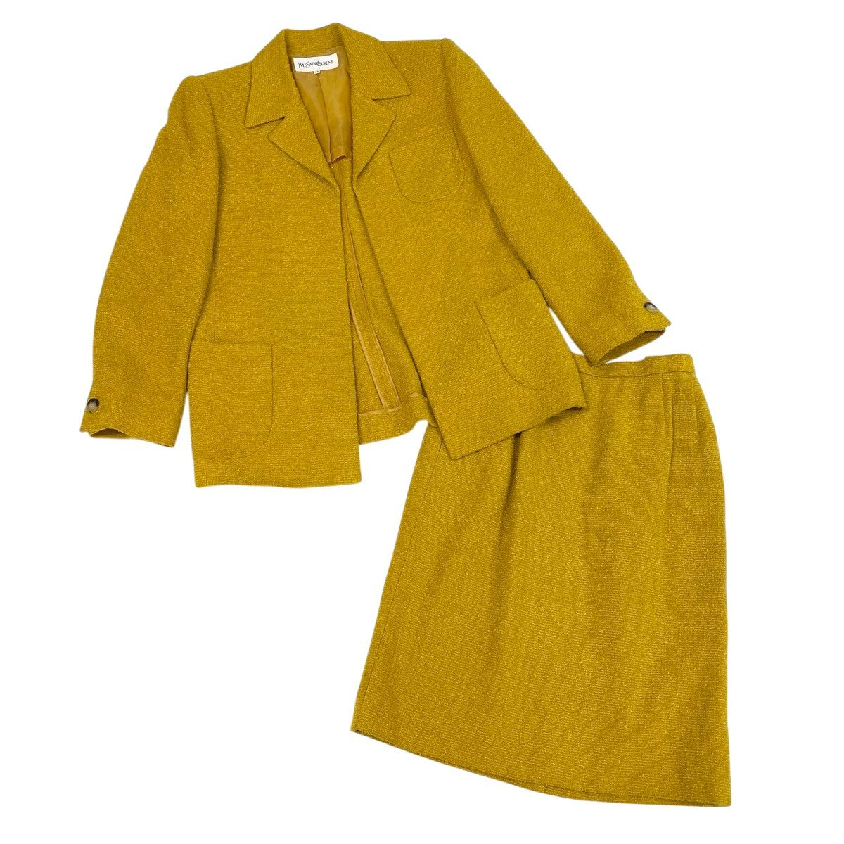 2g2 【美品】 YVES SAINT LAURENT イヴサンローラン セットアップ スカートスーツ ツイードジャケット サイズ36 イエロー系 レディースu02t
