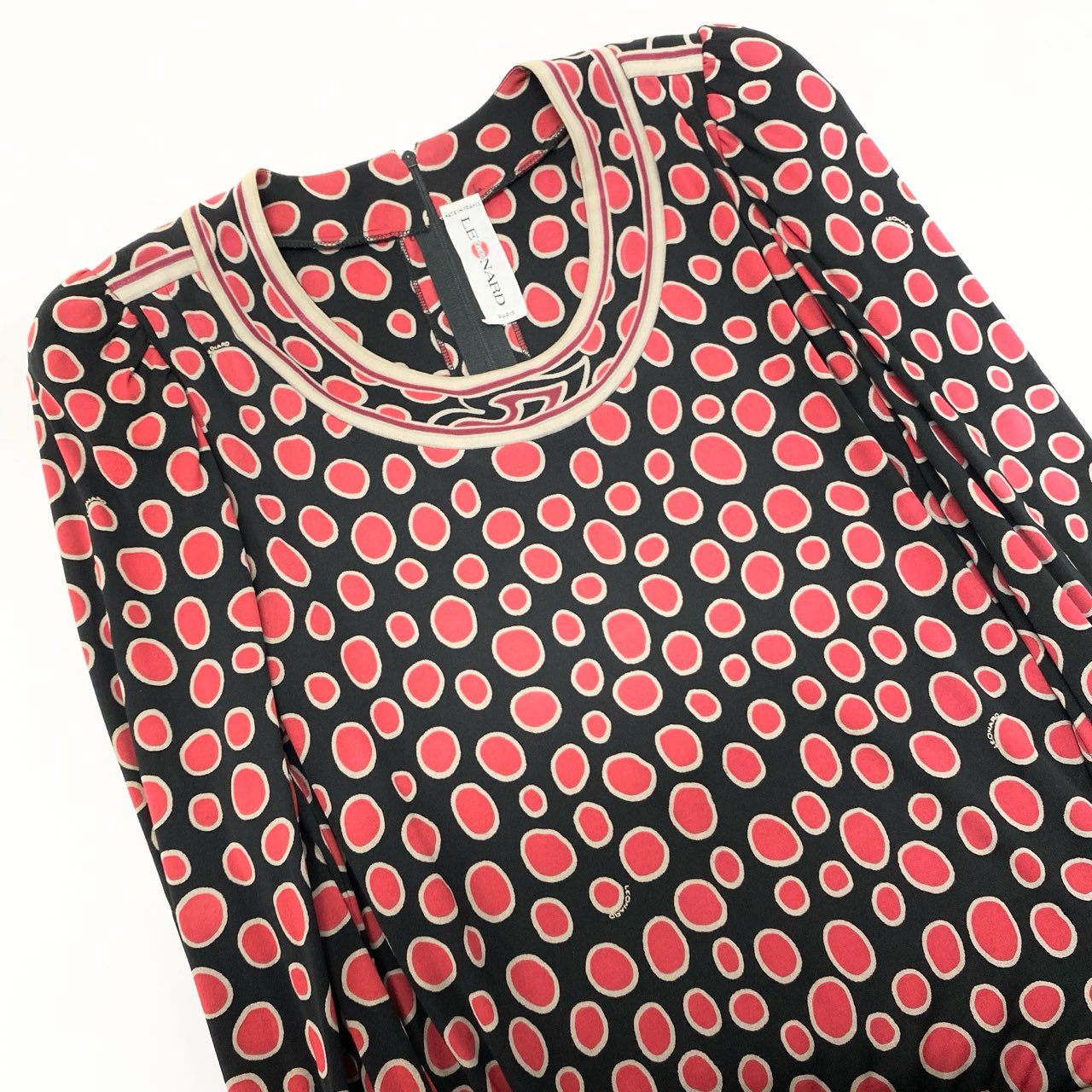 20L2 フランス製 LEONARD レオナール 長袖ワンピース ロングワンピース トップス ドット柄 ブラック レッド レディースu02t