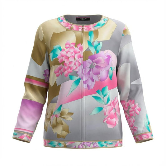 76a24 LEONARD FASHION レオナールファッション クルーネックカーディガン ジップ 花柄 薄手トップス L ベージュ レディース 女性用o07t