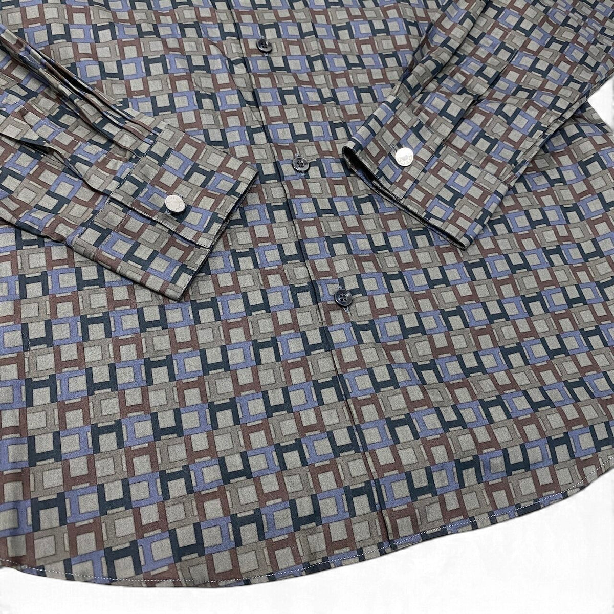 21j16 【極美品】 Hermès エルメス ロングスリーブ セリエシャツ 総柄 サイズ39-15 1/2 グレー系 コットン100％ メンズu02t