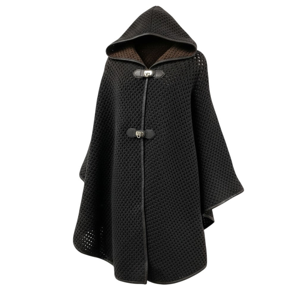 85b9 《美品》 Salvatore Ferragamo サルヴァトーレフェラガモ ニットポンチョ ケープコート ガンチーニターンロック レザーパイピング S ブラウンk02i