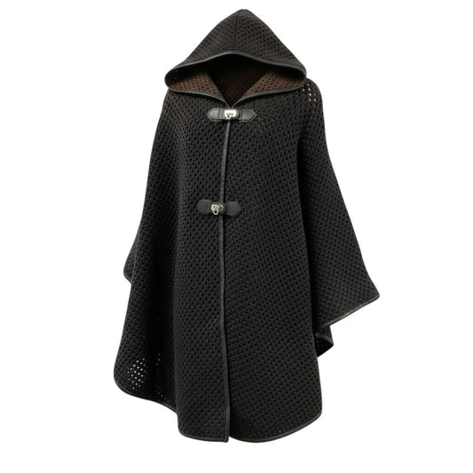 85b9 《美品》 Salvatore Ferragamo サルヴァトーレフェラガモ ニットポンチョ ケープコート ガンチーニターンロック レザーパイピング S ブラウンk02i