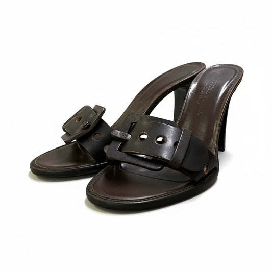 1b12 BOTTEGA VENETA ボッテガヴェネタ バックルベルト レザーサンダル ヒールパンプス 37 ブラウン カーフレザー レディースk02i