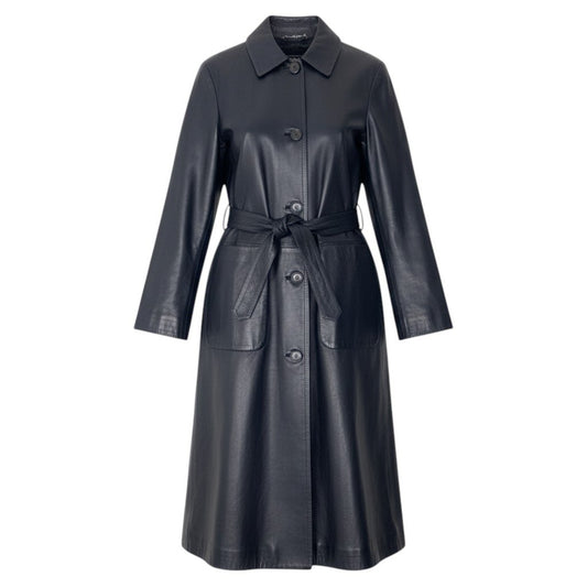 Ei29 Salvatore Ferragamo サルヴァトーレフェラガモ ロングレザーコート ベルテッドコート ガンチーニ  40 ブラック レザーu02t