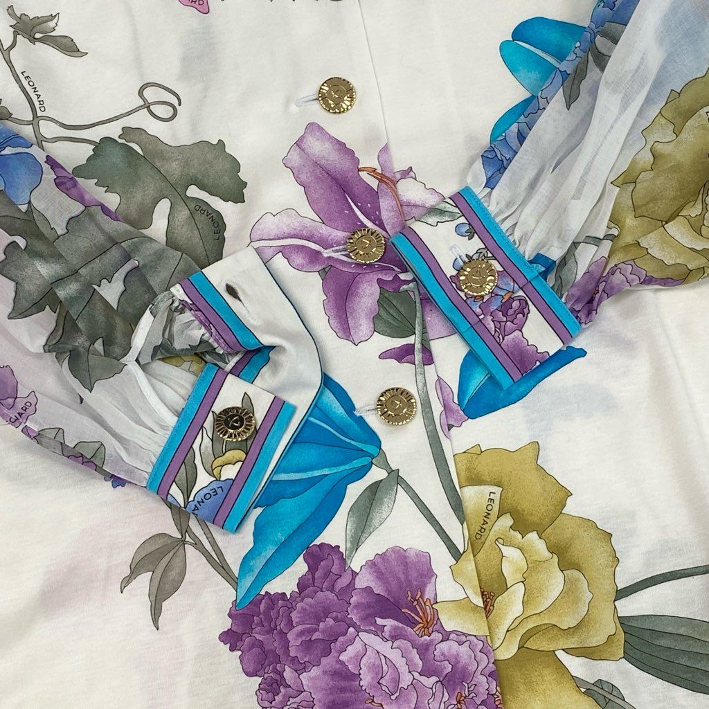 13l27【未使用品】LEONARD レオナール ノーカラージャケット 美しい花柄プリント 袖シアー素材 チュニック丈 Mサイズ ホワイト レディースk02i