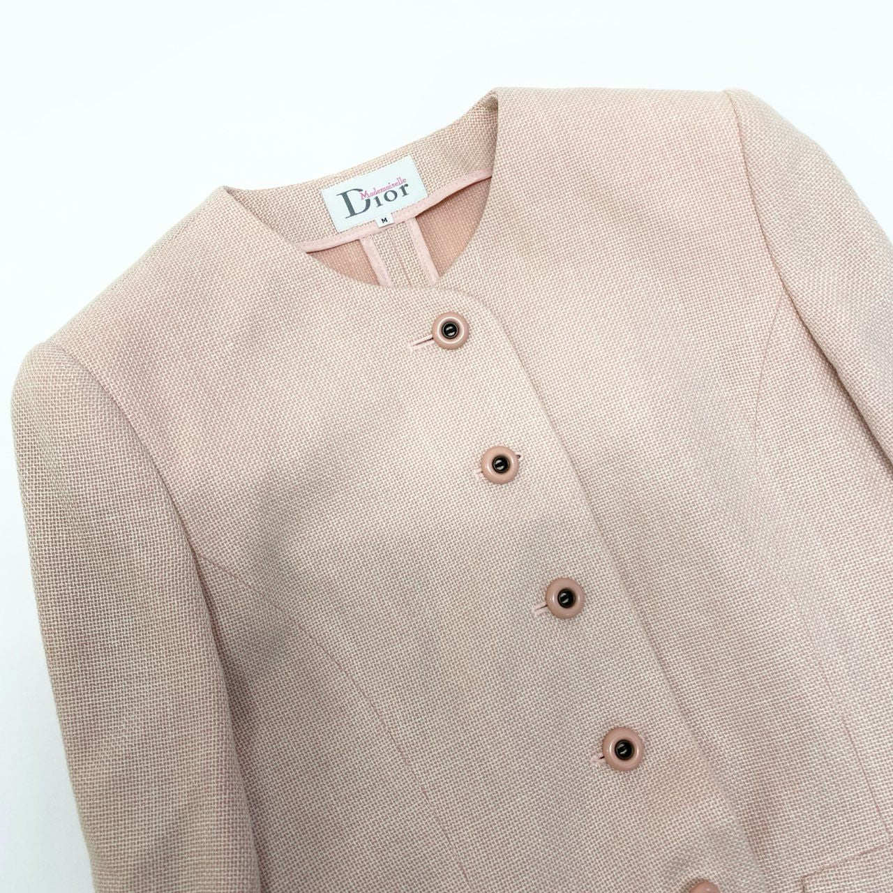 76a28 Vintage Dior Mademoiselle ディオール マドモアゼル クロップドジャケット スカート セットアップ 装飾ボタン M ピンク レディースu02t