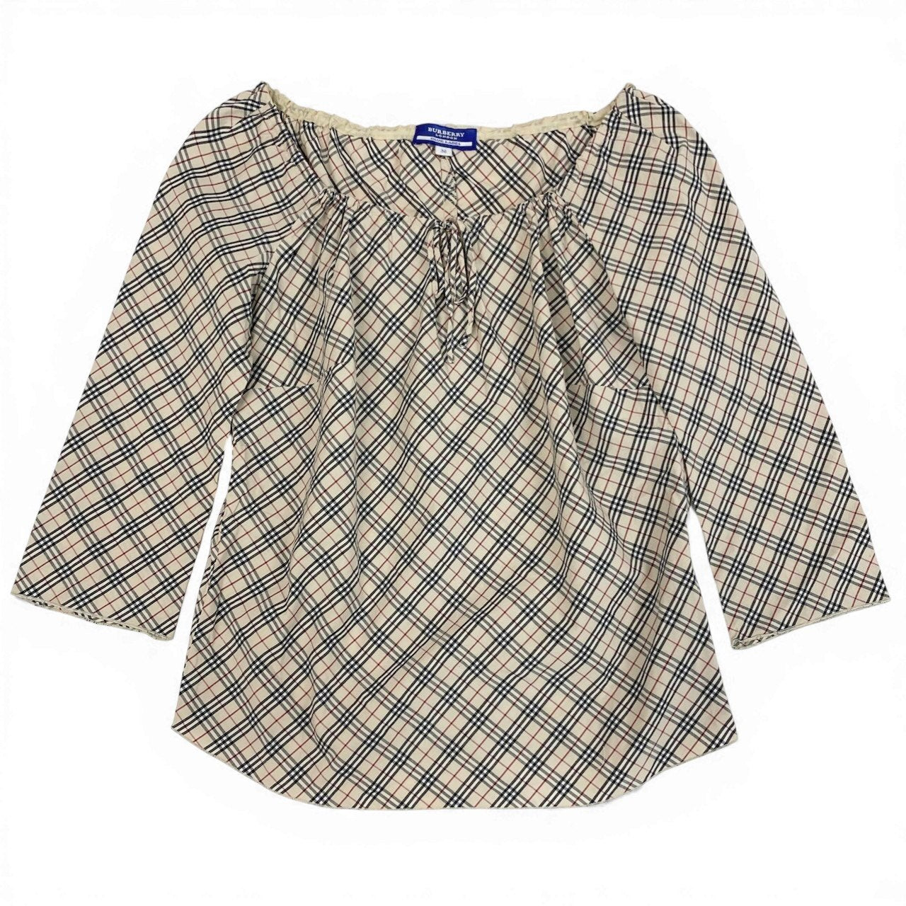 Ic27 BURBERRY LONDON バーバリーロンドン ノバチェック カットソーブラウス ギャザースクエアトップス 38サイズ ベージュ コットン100％ レディース 女性用u02t