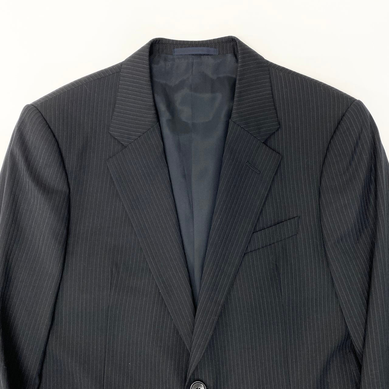 57d5 ARMANI COLLEZIONI アルマーニ コレツィオー二 シングルスーツセットアップ  テーラードジャケット スラックス ストライプ 52サイズ ブラック ウール100％ メンズ 男性用o07t