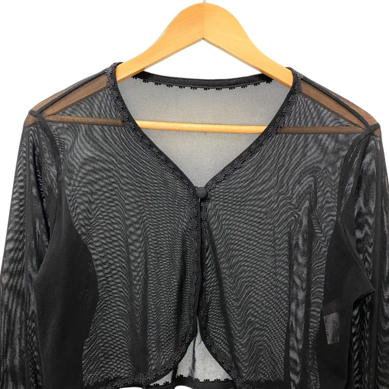 15c2 【美品】 TOKUKO 1er VOL トクコプルミエヴォル シアーカーディガン ボレロ ショート丈 くるみボタン レース装飾 レディース 女性服 サイズ9 ブラック ポリエステル100％u02t